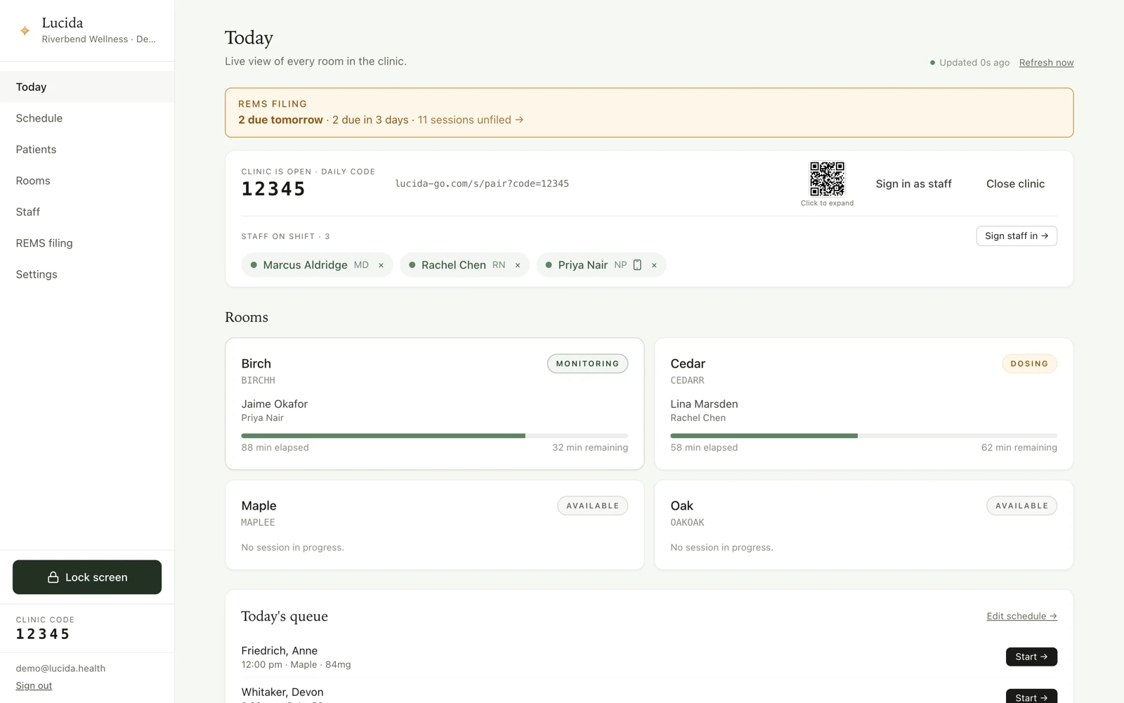 The Lucido owner desktop — a live Today board showing every treatment room, the daily staff code, who's on shift, and the REMS filing queue.