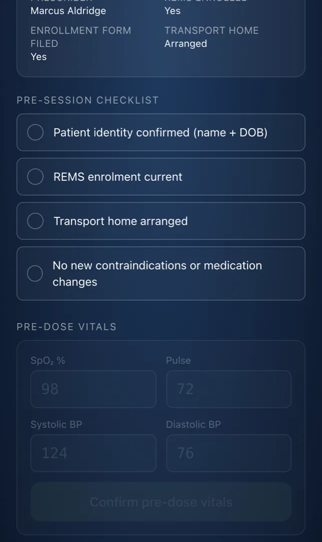 The Lucido staff phone — the guided pre-session checklist and pre-dose vitals captured against the clinic's thresholds.